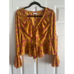 Asos Design Womens 8 Yellow Tie Front Top Pink Flowers Whimsicore Fairy